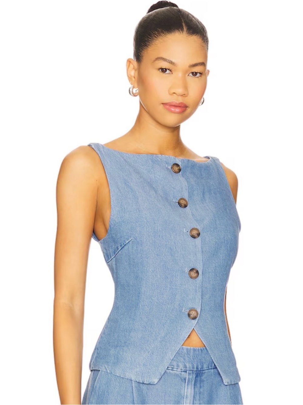 Light Wash Denim Button Front Shell Top - Picture 2 of 4